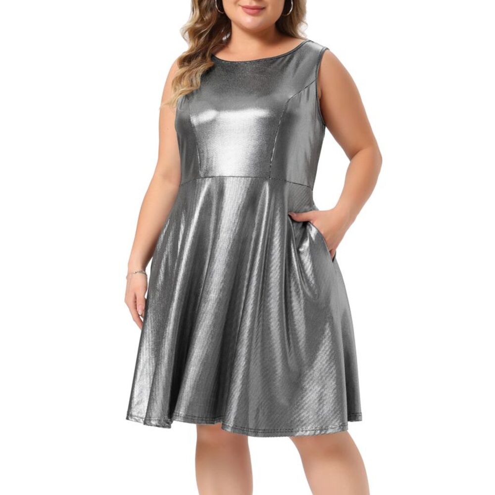 Women Plus Size Metallic Sleeveless Dress Party Dresses Silver